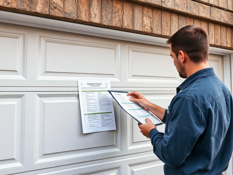 Technician performing garage door maintenance inspection with checklist