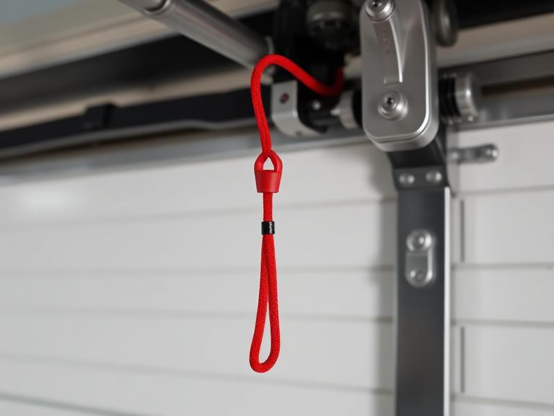 Red emergency release cord on garage door opener