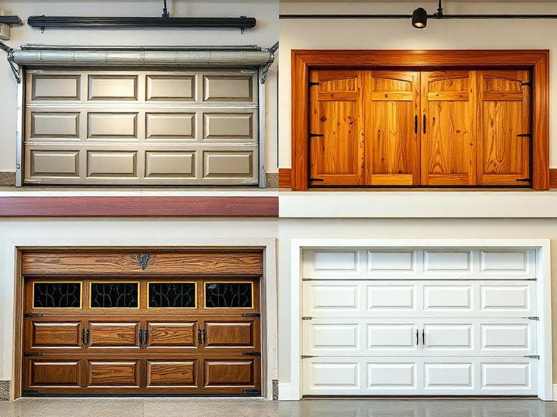 Various garage door materials including steel, wood, and aluminum samples