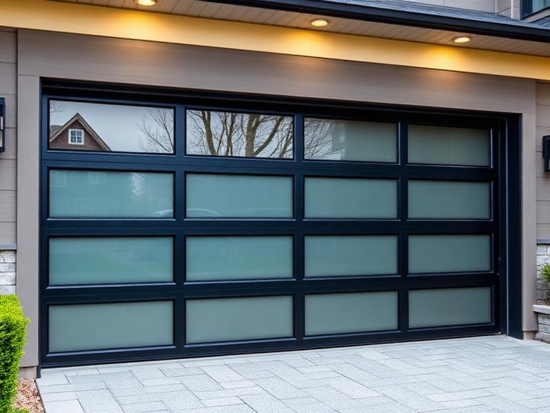 Contemporary aluminum garage door with full glass panels installation