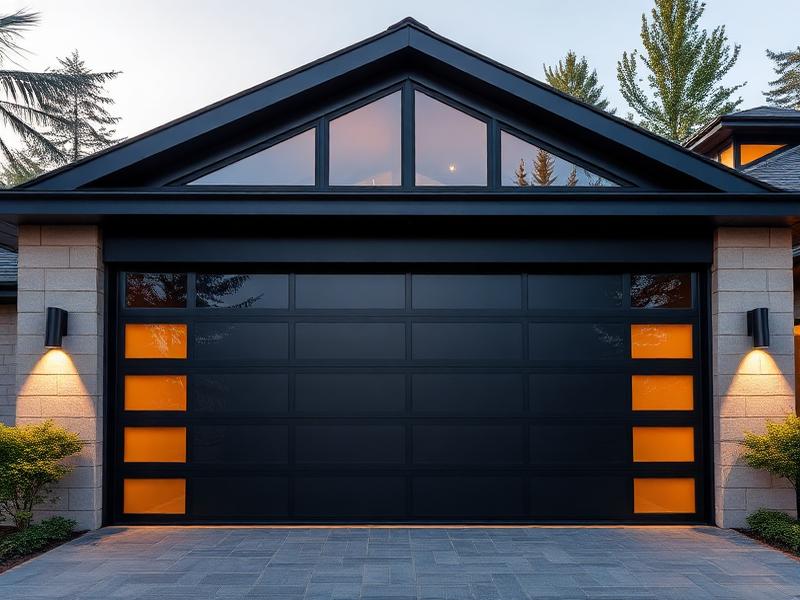 Modern steel garage door with decorative windows