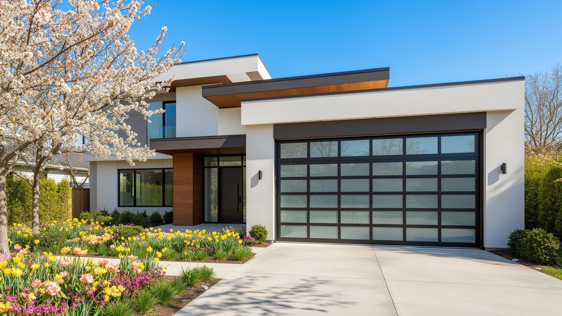 Modern contemporary house with aluminum glass panel garage door